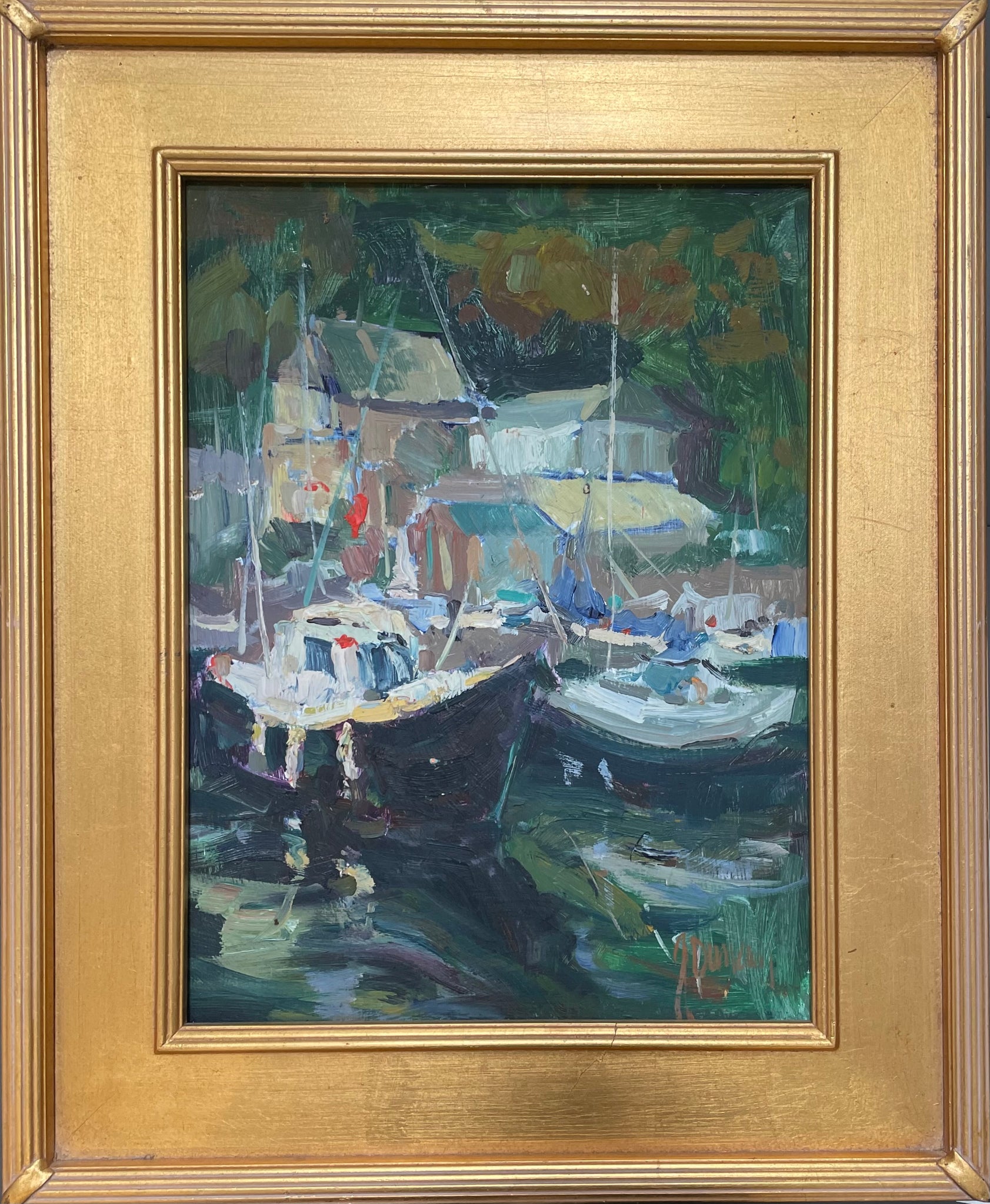 "Fishing Fleet" Original Oil Painting. Signed by Artist.  Gilded Frame