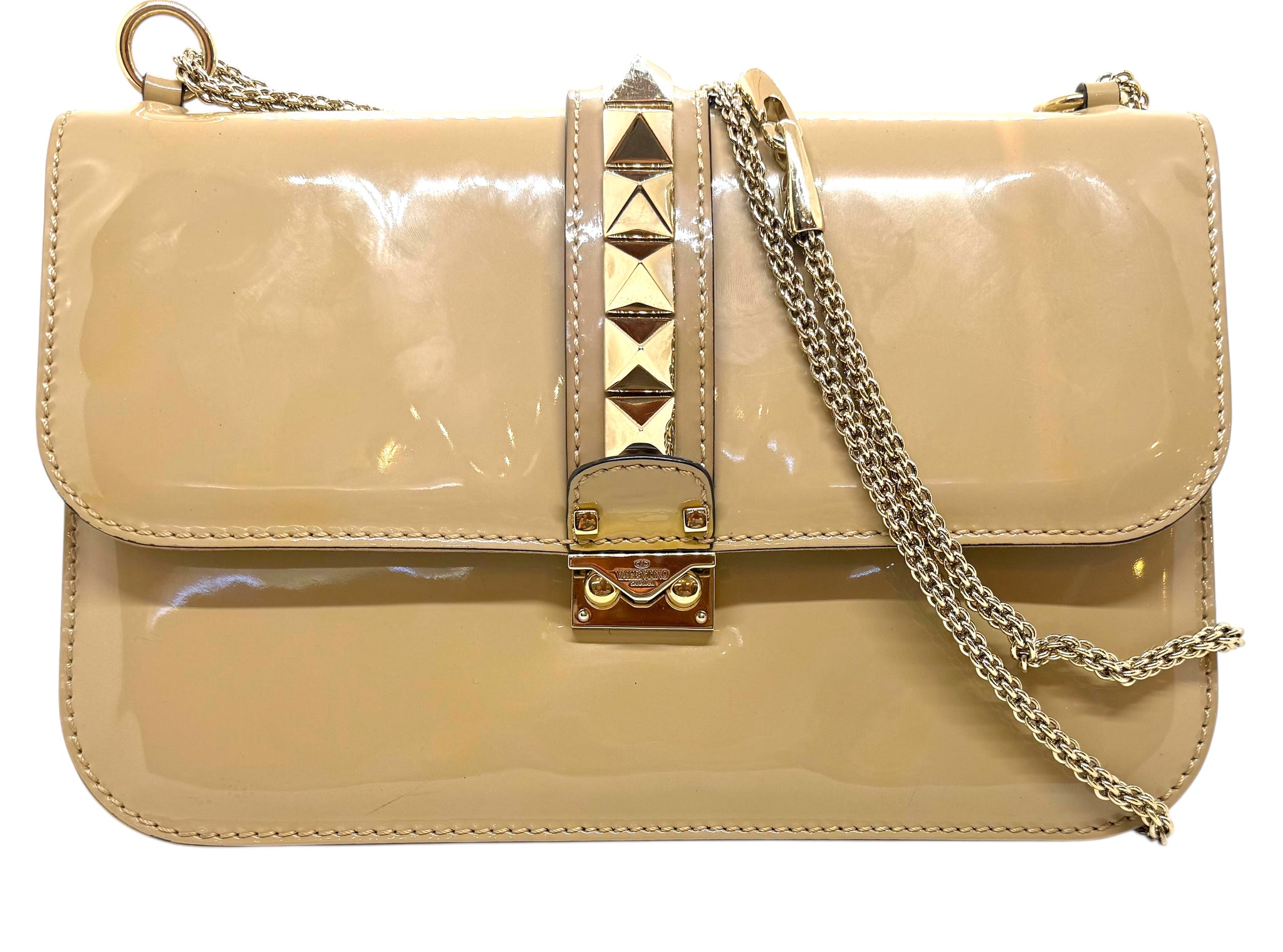 Authentic Valentino Large Rockstud Flap Handbag in Camel