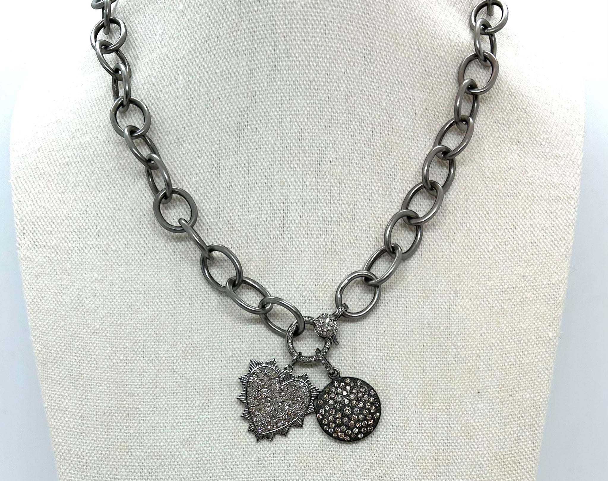 Sterling Silver 16" Necklace With Diamond Heart, Circle, And Clasp