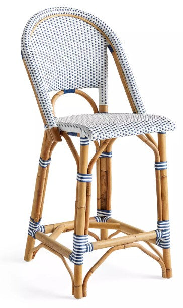 Pair of Serena and Lily Riviera Rattan Counter Stools In Navy And White