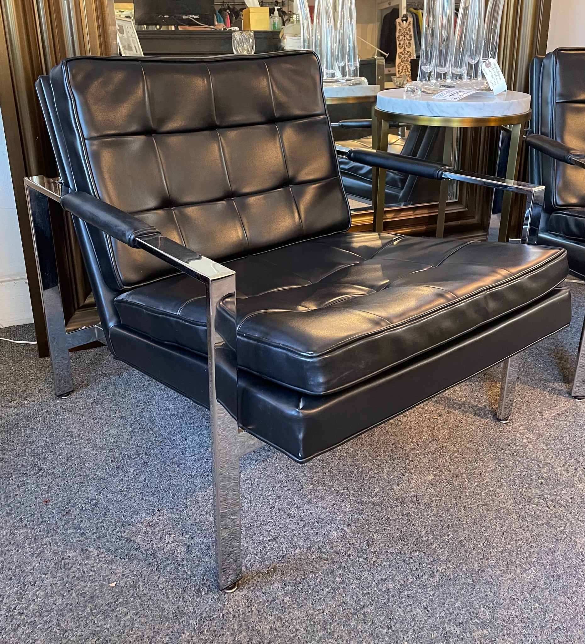 PAIR of Pristine Vintage Milo Braughman Black Leather and Chrome Chairs