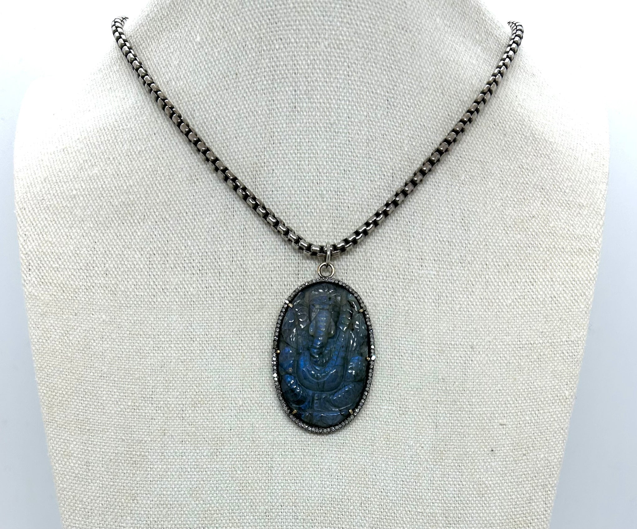 Ganesha Carved Labradorite Pendant Surrounded By Pave Diamonds