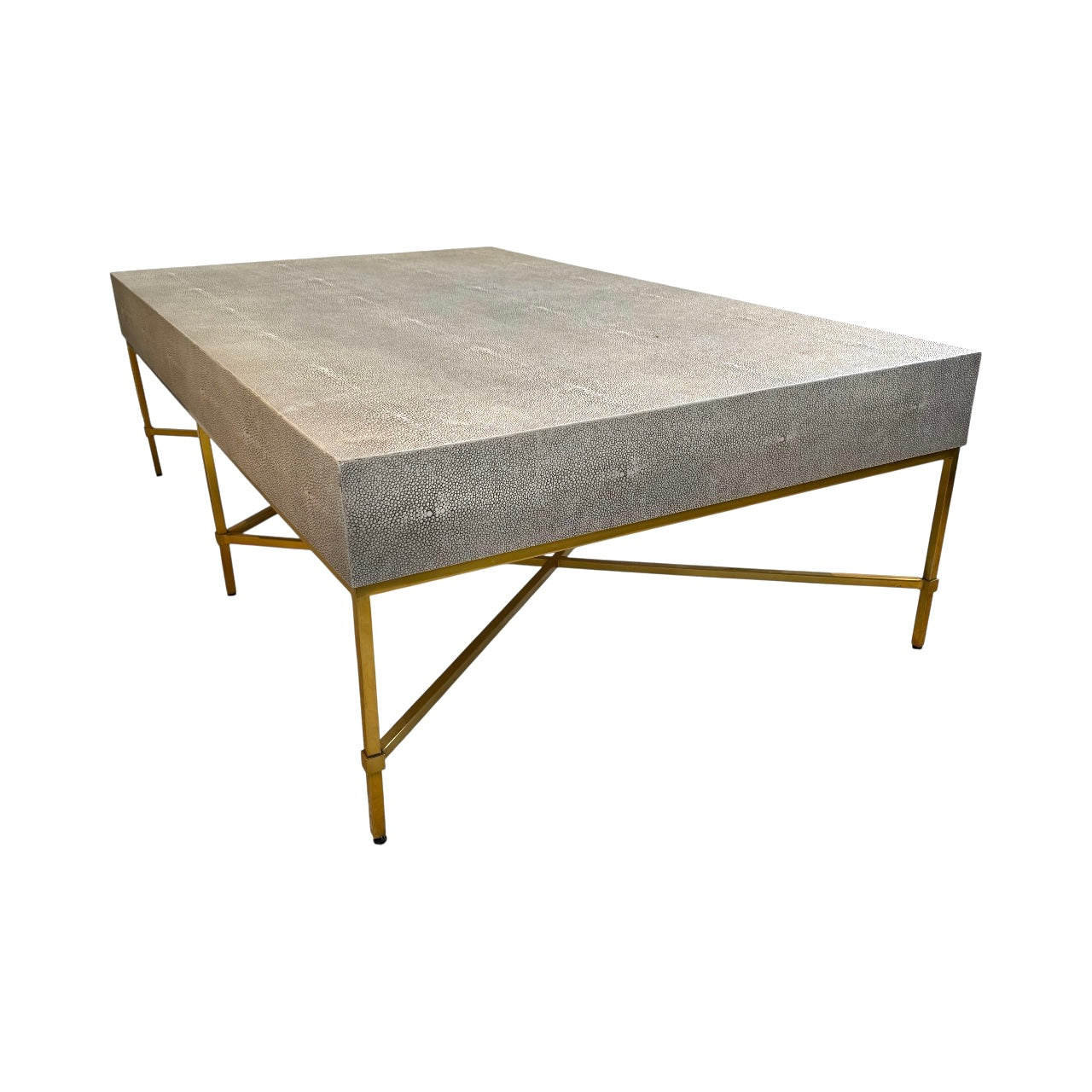 Williams Sonoma Home Faux Shagreen Coffee Table with Antiqued Brass Legs.