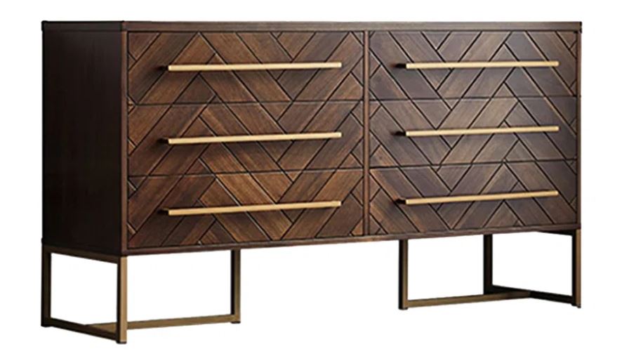 Six Drawer Wooden  Dresser with Herringbone Patterened Drawer Fronts
