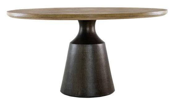 Brownstone Diego Teak Dining Table with Cone Shaped Steel Base.