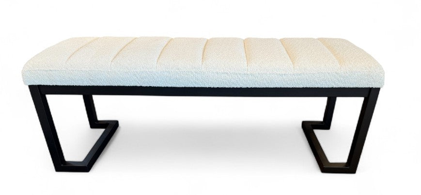 NEW White Channel Tufted Boucle Bench With Black Metal Frame