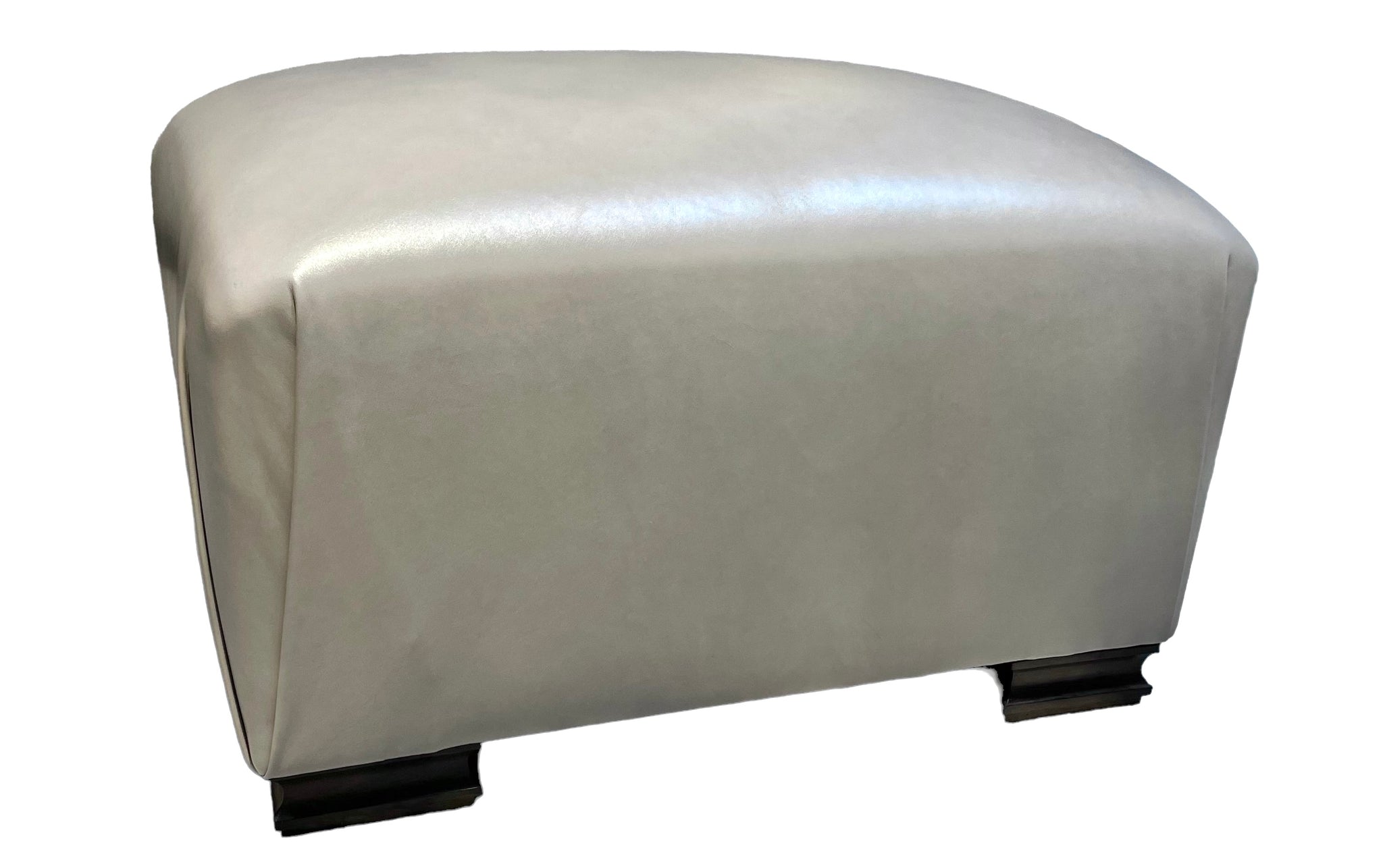 NEW Rectangular Grey Leather Ottoman with Pleated Corners and Sculpted Wooden Feet