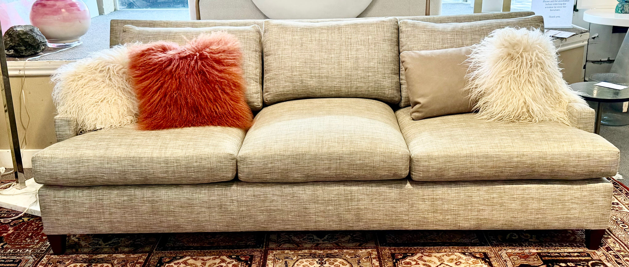 Barbara Barry Henredon Sofa Upholstered in a Subtle Plaid Fabric.