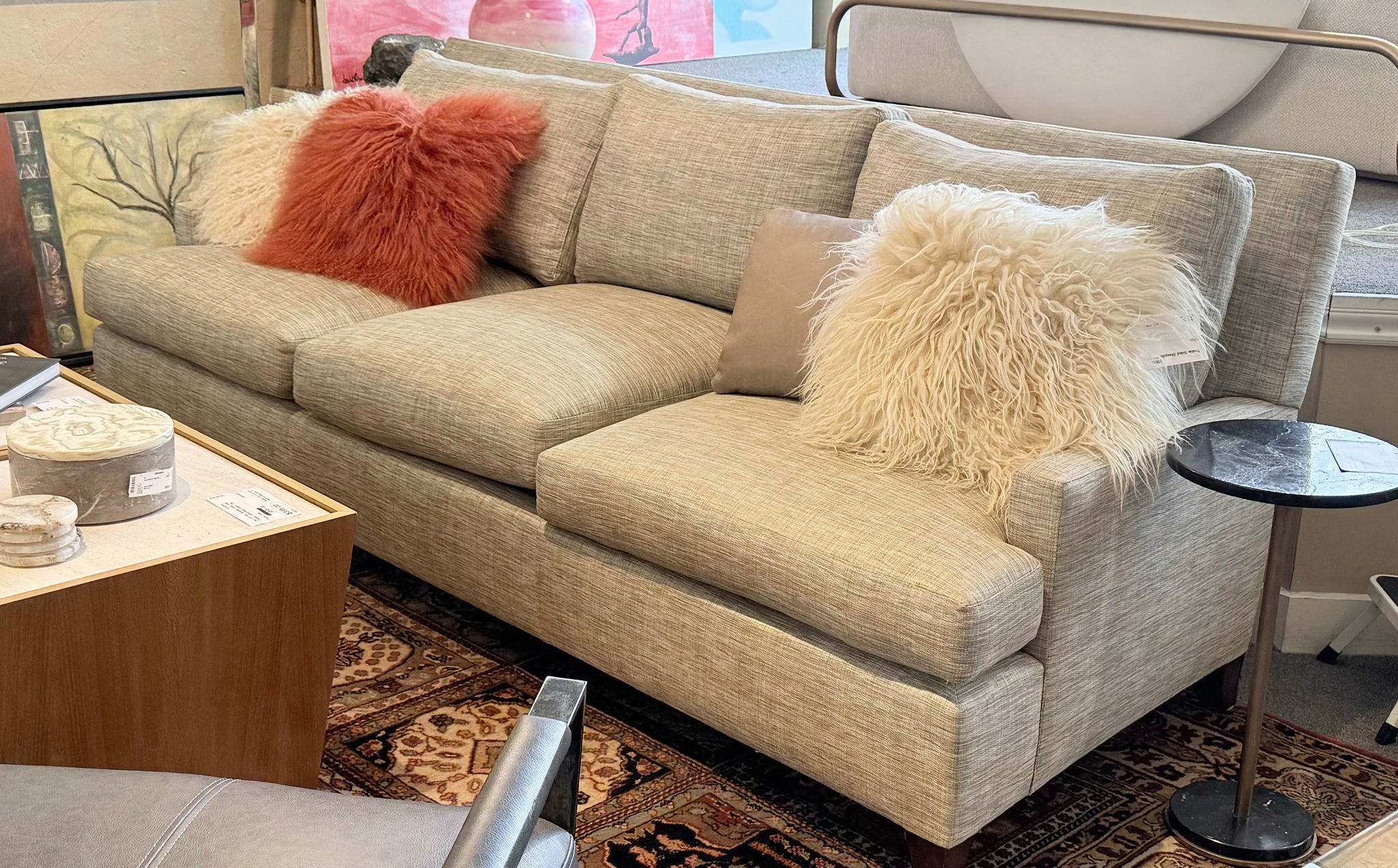 Barbara Barry Henredon Sofa Upholstered in a Subtle Plaid Fabric.