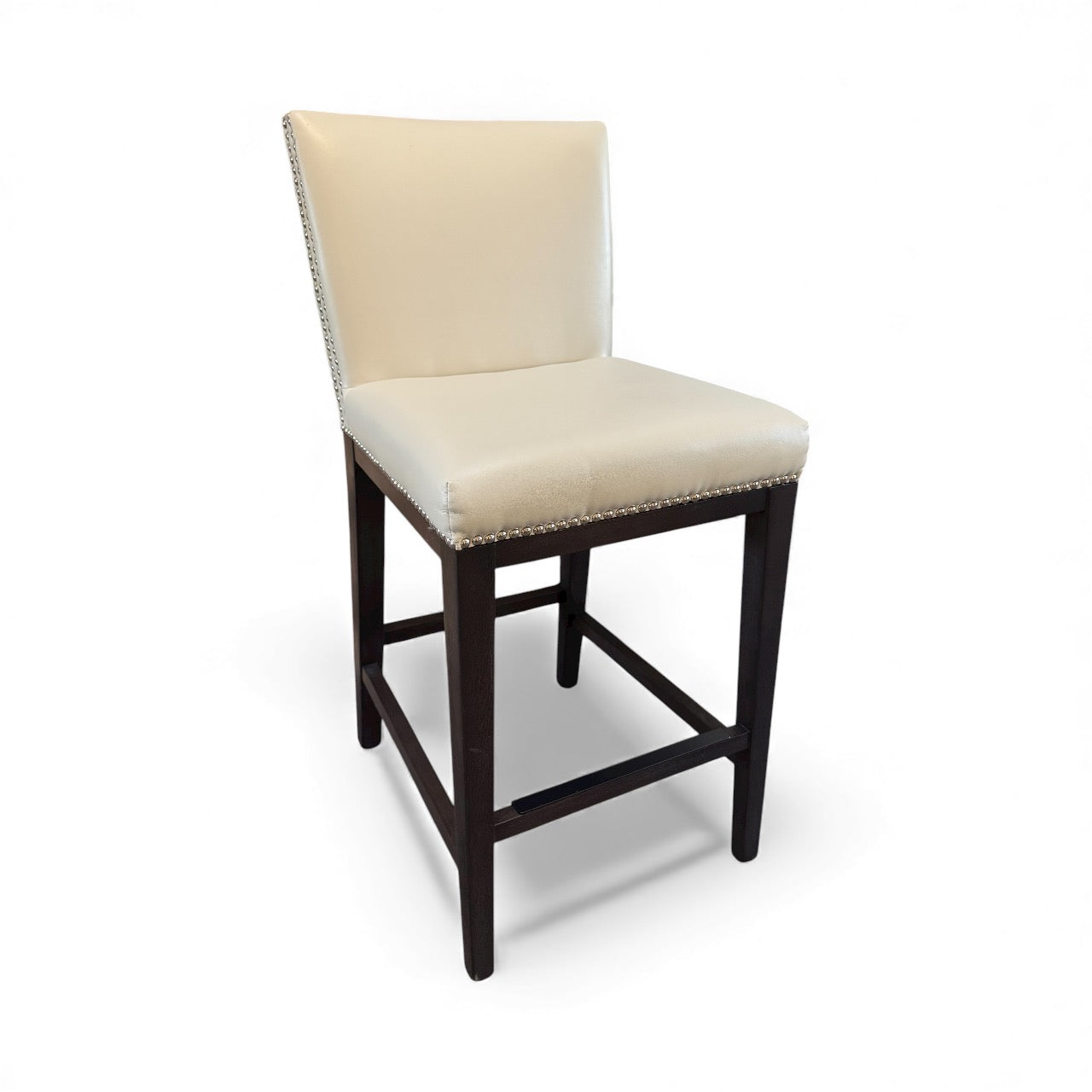 Set Of Four Ivory  Leather Counter Height Barstools with Nailhead Trim.