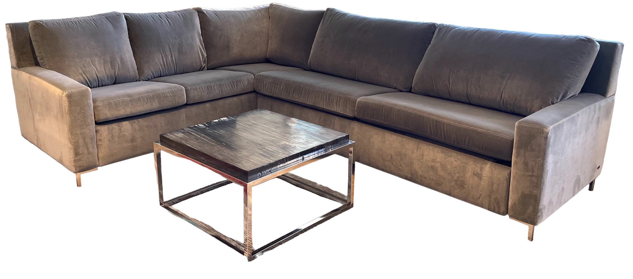 COMNG SEPT 1 American Leather Grey Velvet Sectional with Olympic Queen Gel Mattress