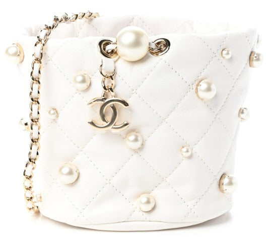 Chanel Ivory Drawstring Bag with Pearls.