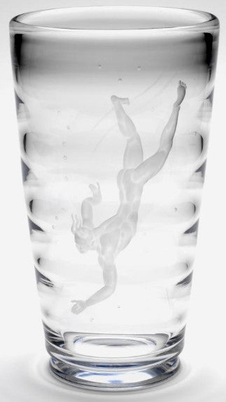 "The Pearl Diver". Rare Orrefors Etched Crystal Vase. Engraved by artist Arthur Roos.