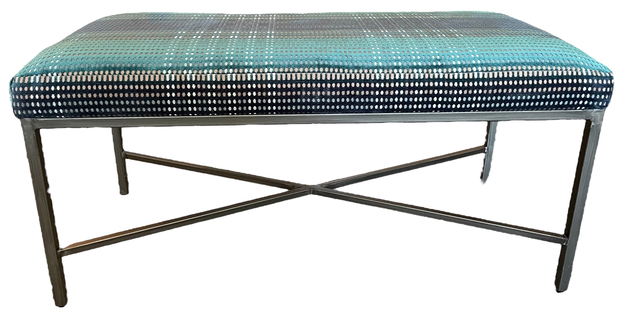 Verrain Custom Bench Upholstered in Teal/ Navy/ Peach Geometric Fabric