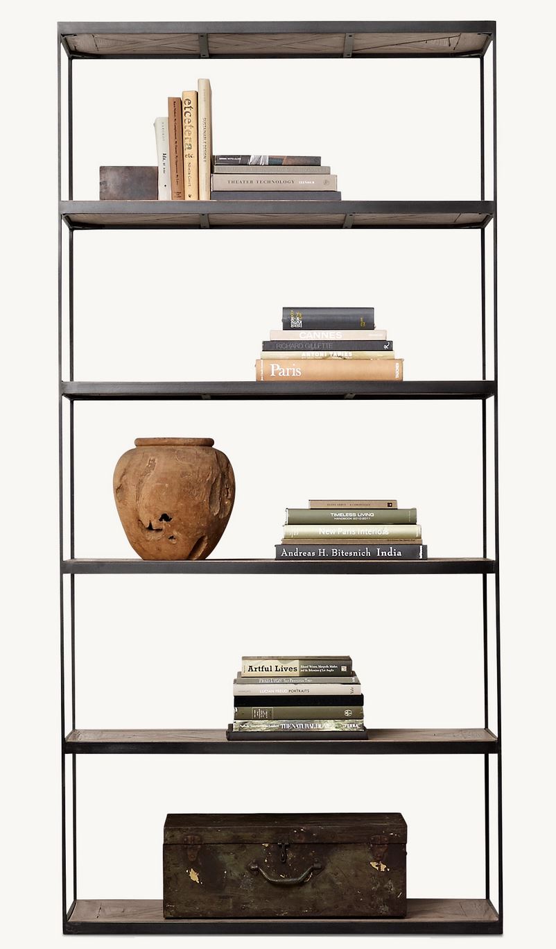 RH Reclaimed Russian Oak and Parquet Shelving.