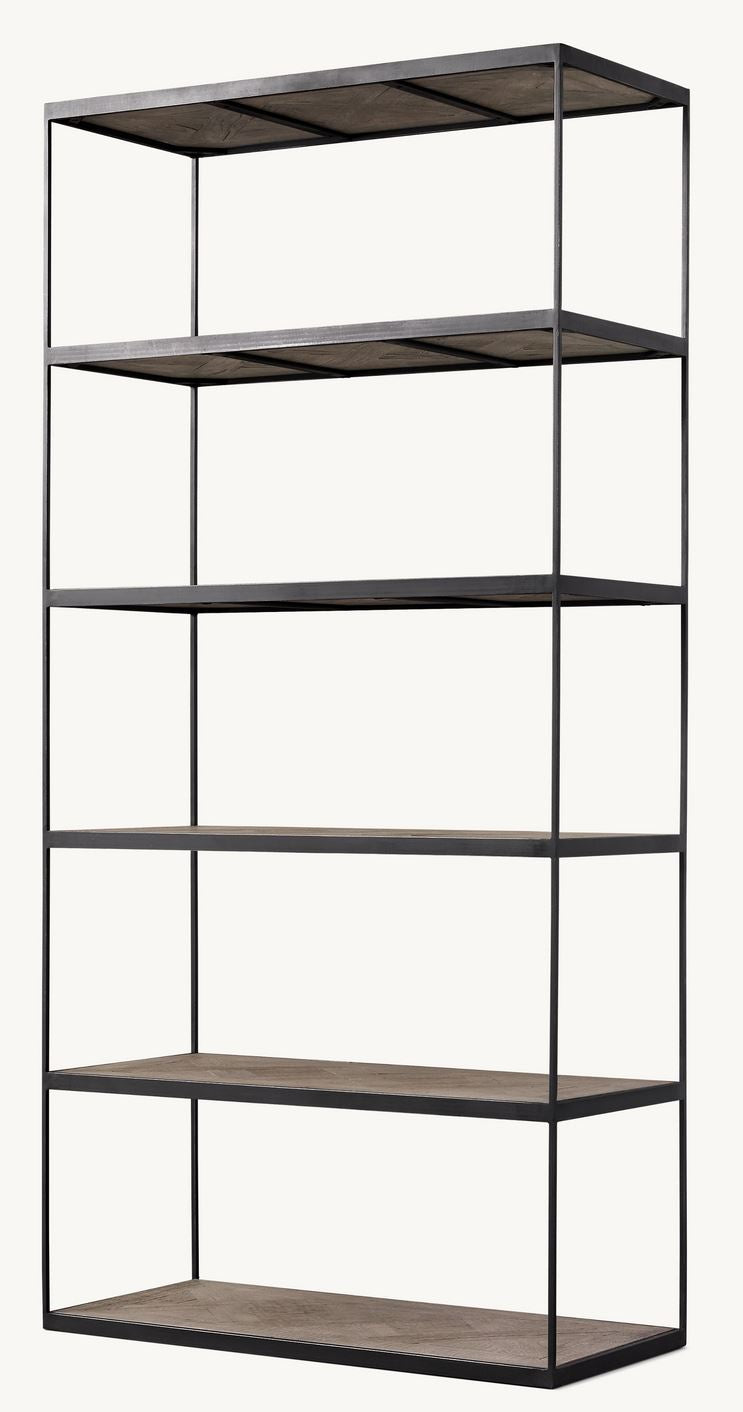 RH Reclaimed Russian Oak and Parquet Shelving.