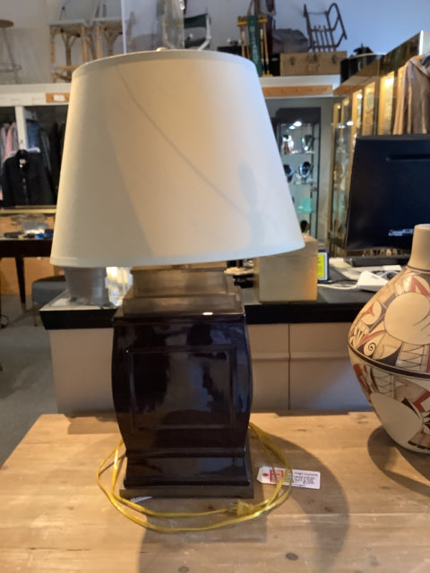 Williams Sonoma Home Mocha Table Lamp with Gold Silk Shade and Brass Base