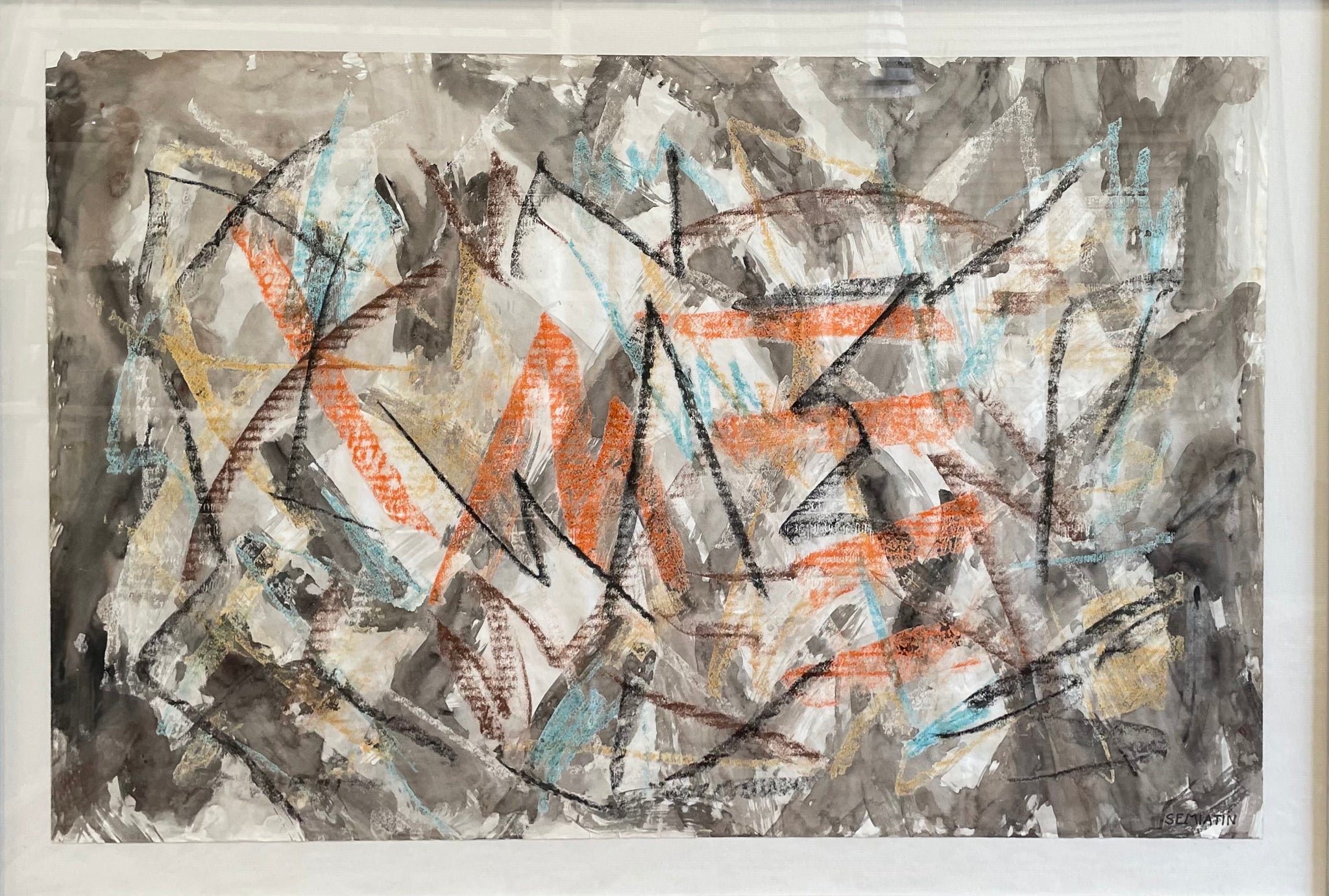 Abstract Watercolor Painting by Jacob Semiatin in Grey Frame. Signed by artist.